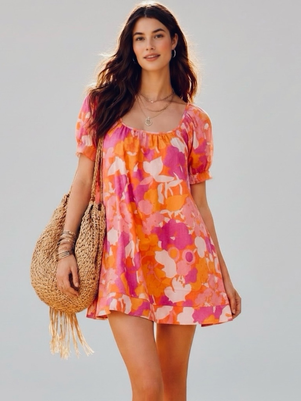 Free Assembly Women’s Square Neck Puff Sleeve Mini Dress Pockets Vibrant Floral